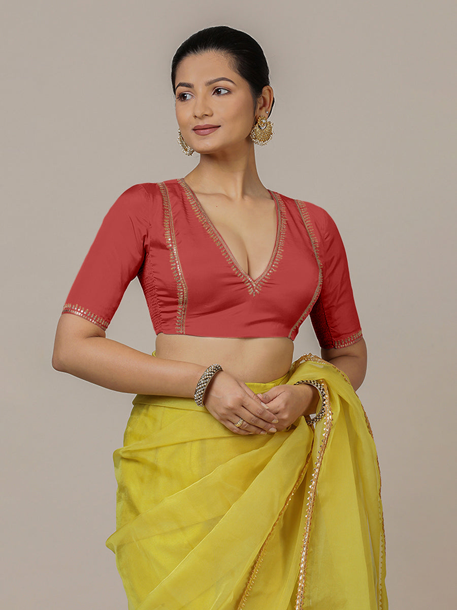 Zohra x Luxe Saree Blouse, in Red Vegan Silk, featuring elbow sleeves and v-neckline, made for party & festive (view 6).