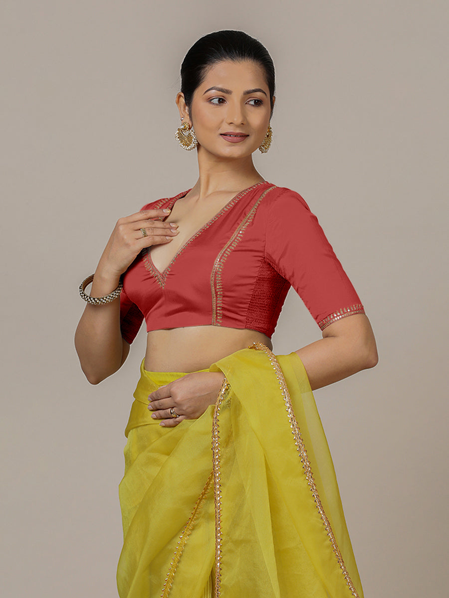 Zohra x Luxe Saree Blouse, in Red Vegan Silk, featuring elbow sleeves and v-neckline, made for party & festive (view 8).