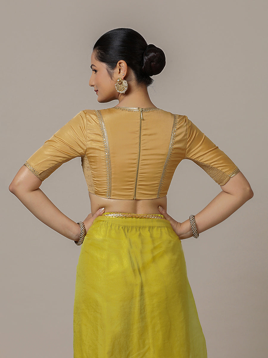 Zohra x Luxe Saree Blouse, in Gold Vegan Silk, featuring elbow sleeves and v-neckline, made for party & festive (view 2).