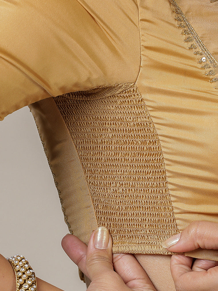 Zohra x Luxe Saree Blouse, in Gold Vegan Silk, featuring elbow sleeves and v-neckline, made for party & festive (view 3).