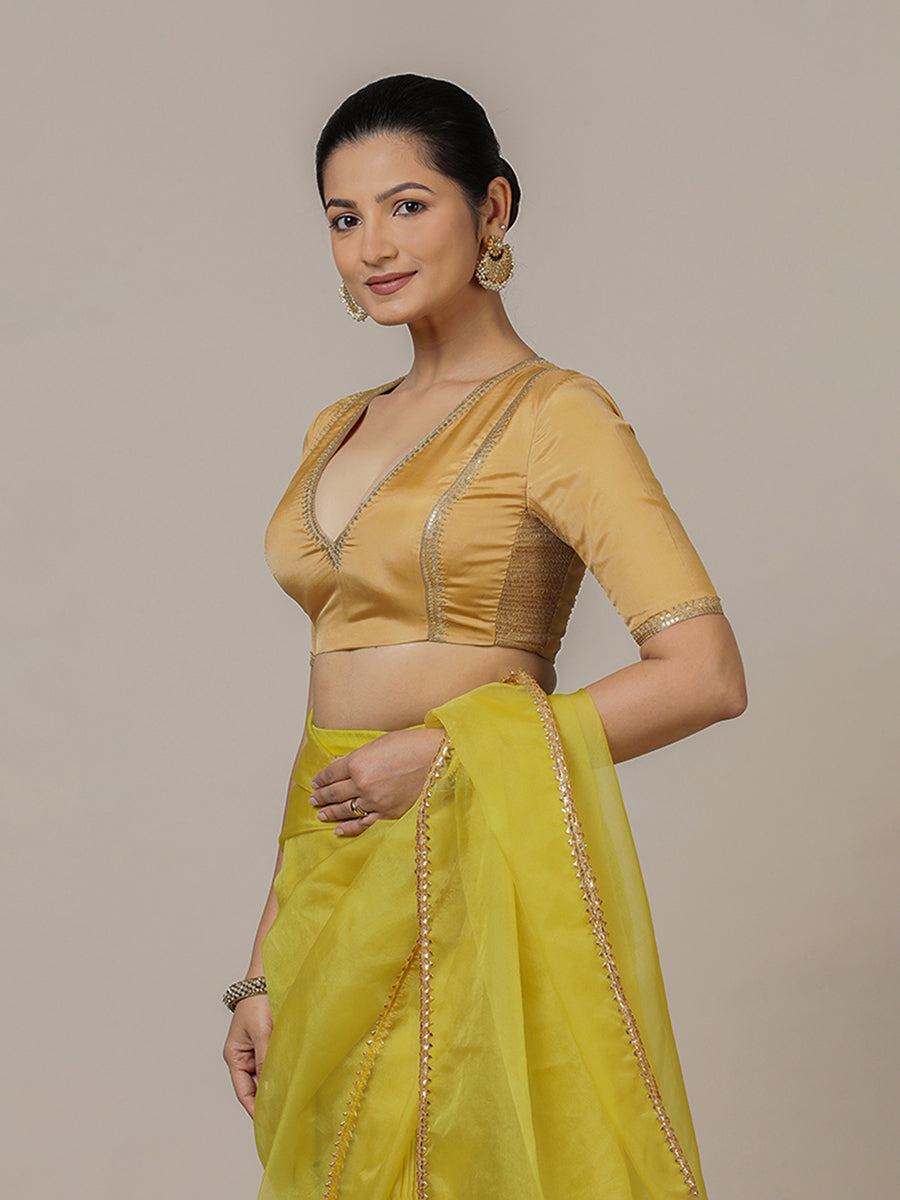 Zohra x Luxe Saree Blouse, in Gold Vegan Silk, featuring elbow sleeves and v-neckline, made for party & festive (view 7).