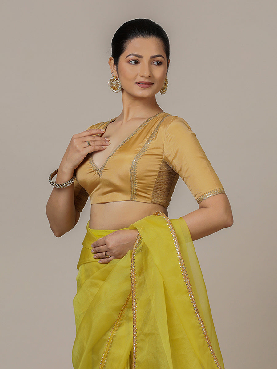 Zohra x Luxe Saree Blouse, in Gold Vegan Silk, featuring elbow sleeves and v-neckline, made for party & festive (view 8).