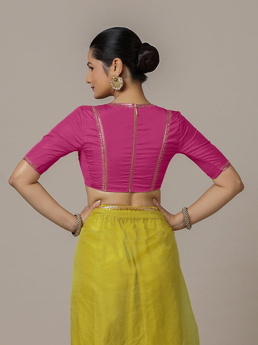 Zohra x Luxe Saree Blouse, in Pink Vegan Silk, featuring elbow sleeves and v-neckline, made for party & festive (view 2).