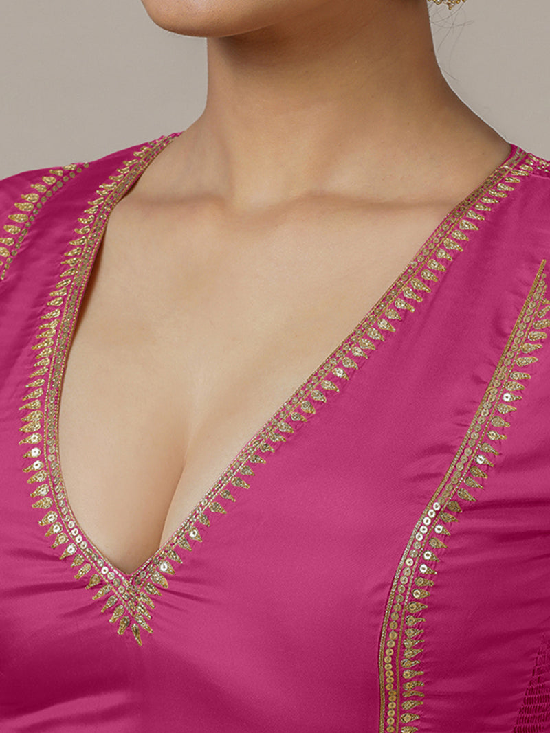 Zohra x Luxe | Elbow Sleeves Hot Pink FlexiFit™ Hand Embroidered Saree Blouse with V-Neck-Binks