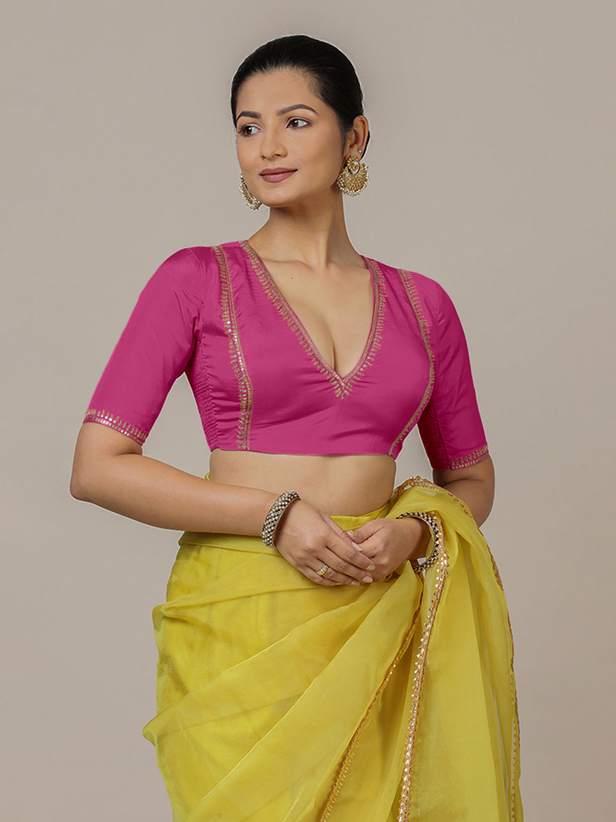 Zohra x Luxe Saree Blouse, in Pink Vegan Silk, featuring elbow sleeves and v-neckline, made for party & festive (view 6).