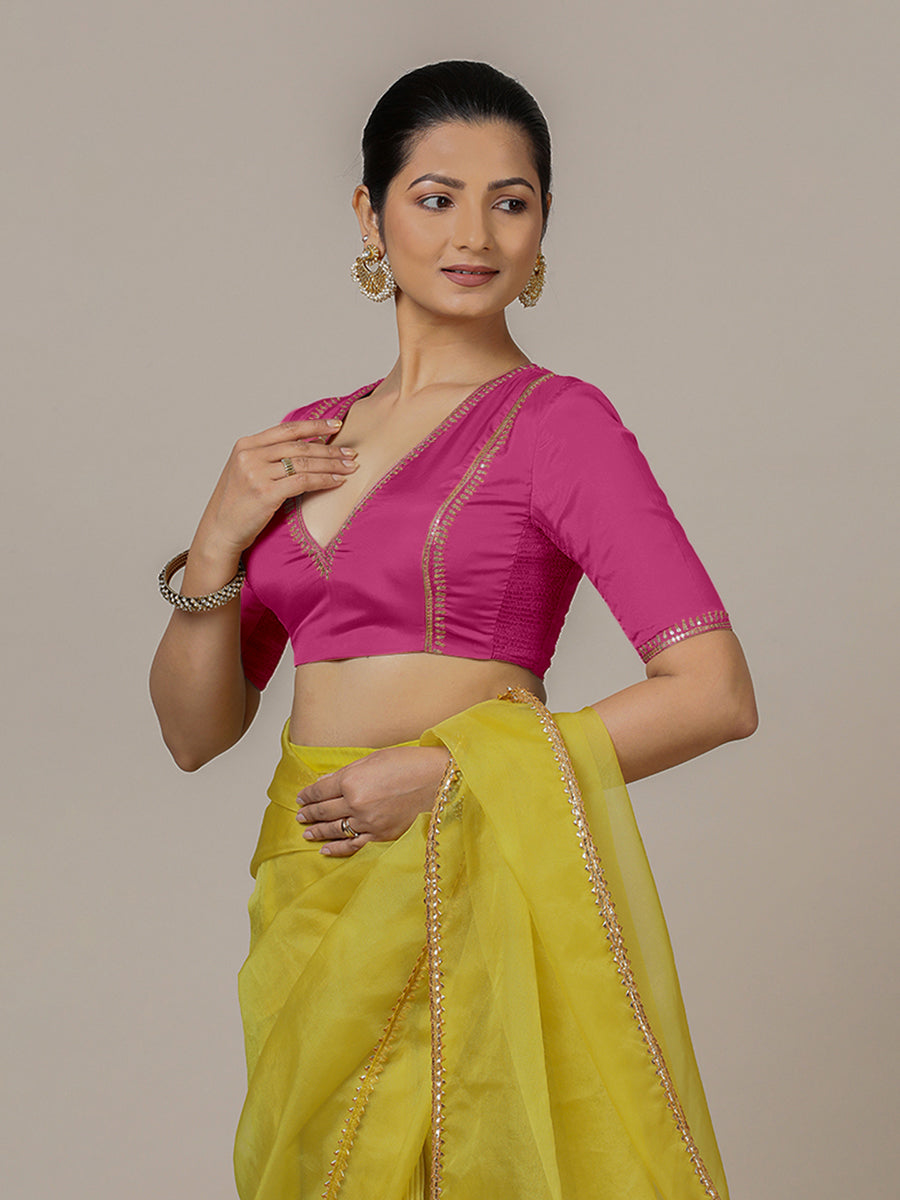 Zohra x Luxe Saree Blouse, in Pink Vegan Silk, featuring elbow sleeves and v-neckline, made for party & festive (view 8).