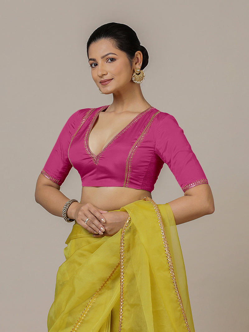 Zohra x Luxe | Elbow Sleeves Hot Pink FlexiFit™ Hand Embroidered Saree Blouse with V-Neck-Binks
