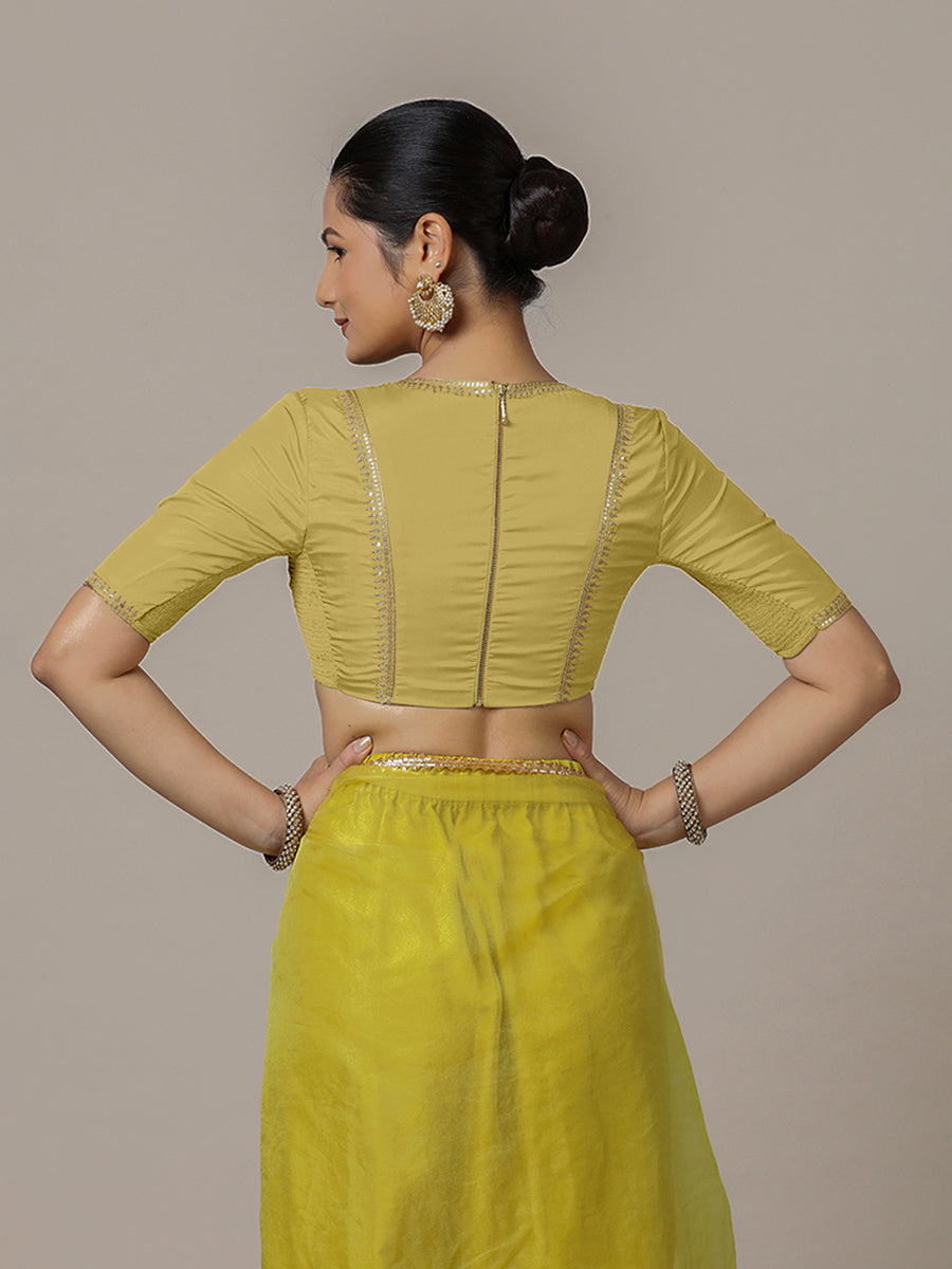 Zohra x Luxe Saree Blouse, in Yellow Vegan Silk, featuring elbow sleeves and v-neckline, made for party & festive (view 2).