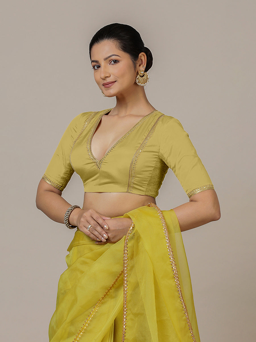 Zohra x Luxe Saree Blouse, in Yellow Vegan Silk, featuring elbow sleeves and v-neckline, made for party & festive (view 8).