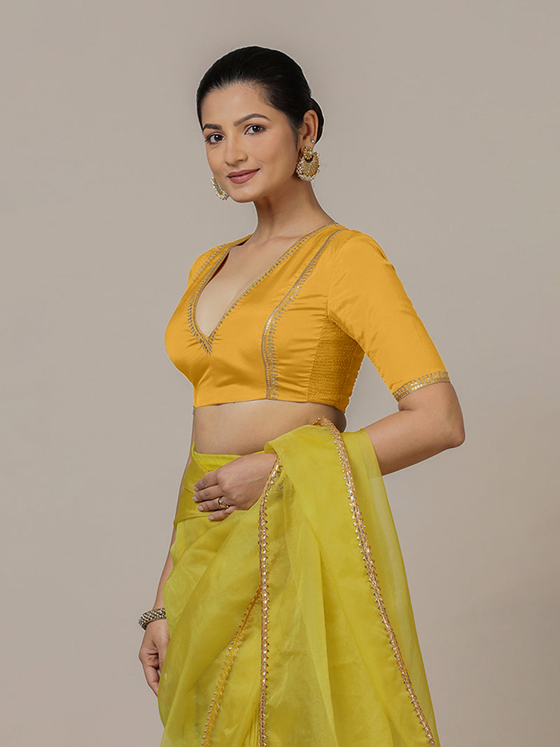 Zohra x Luxe | Elbow Sleeves Marigold Yellow FlexiFit™ Hand Embroidered Saree Blouse with V-Neck-Binks