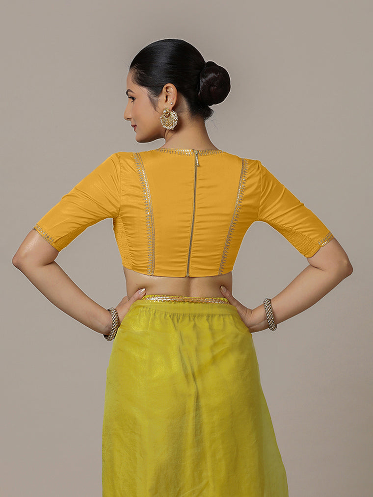 Zohra x Luxe Saree Blouse, in Yellow Vegan Silk, featuring elbow sleeves and v-neckline, made for party & festive (view 2).