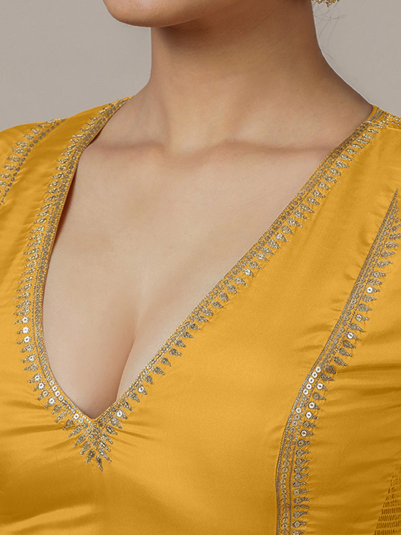 Zohra x Luxe | Elbow Sleeves Marigold Yellow FlexiFit™ Hand Embroidered Saree Blouse with V-Neck-Binks