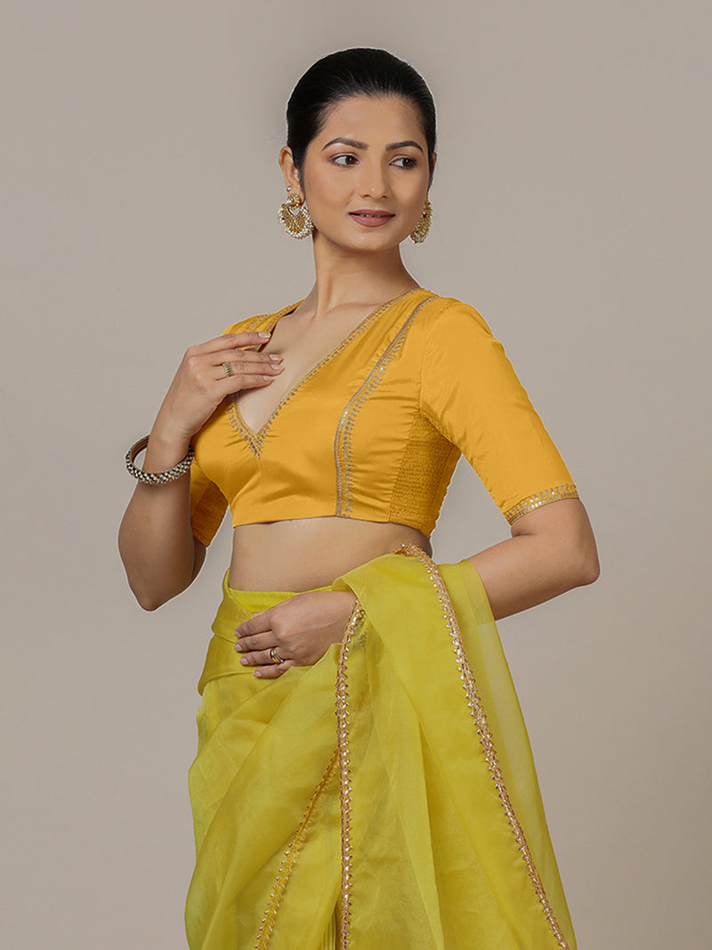 Zohra x Luxe | Elbow Sleeves Marigold Yellow FlexiFit™ Hand Embroidered Saree Blouse with V-Neck-Binks