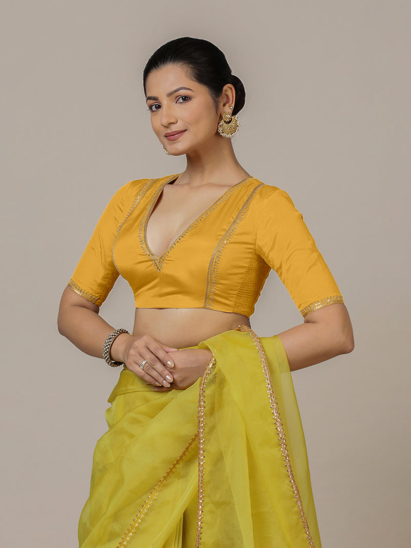 Zohra x Luxe | Elbow Sleeves Marigold Yellow FlexiFit™ Hand Embroidered Saree Blouse with V-Neck-Binks