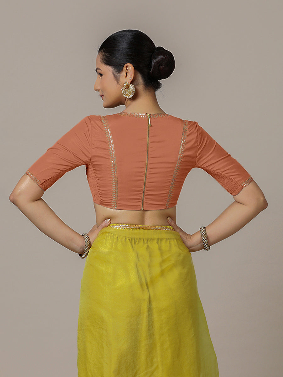 Zohra x Luxe Saree Blouse, in Copper Vegan Silk, featuring elbow sleeves and v-neckline, made for party & festive (view 2).