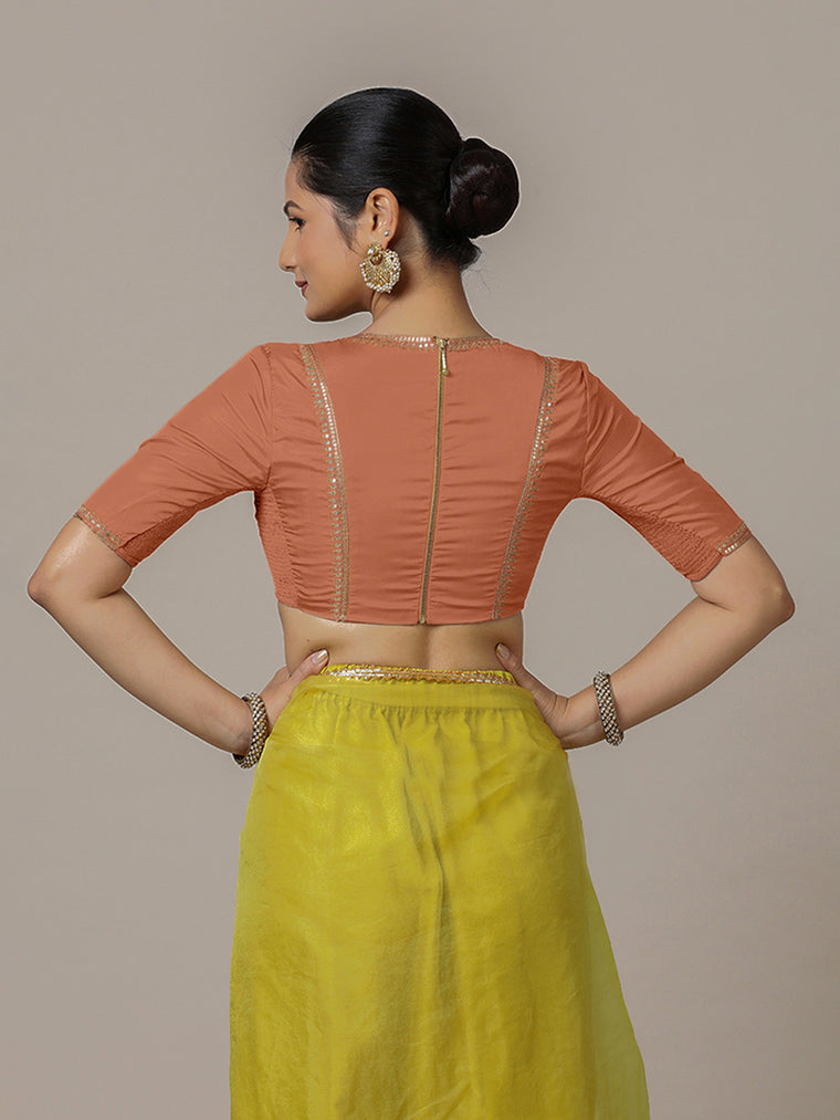 Zohra x Luxe Saree Blouse, in Copper Vegan Silk, featuring elbow sleeves and v-neckline, made for party & festive (view 2).