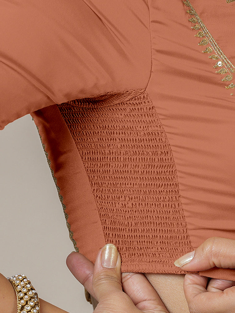 Zohra x Luxe Saree Blouse, in Copper Vegan Silk, featuring elbow sleeves and v-neckline, made for party & festive (view 3).