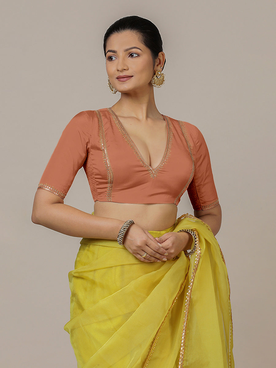 Zohra x Luxe Saree Blouse, in Copper Vegan Silk, featuring elbow sleeves and v-neckline, made for party & festive (view 6).