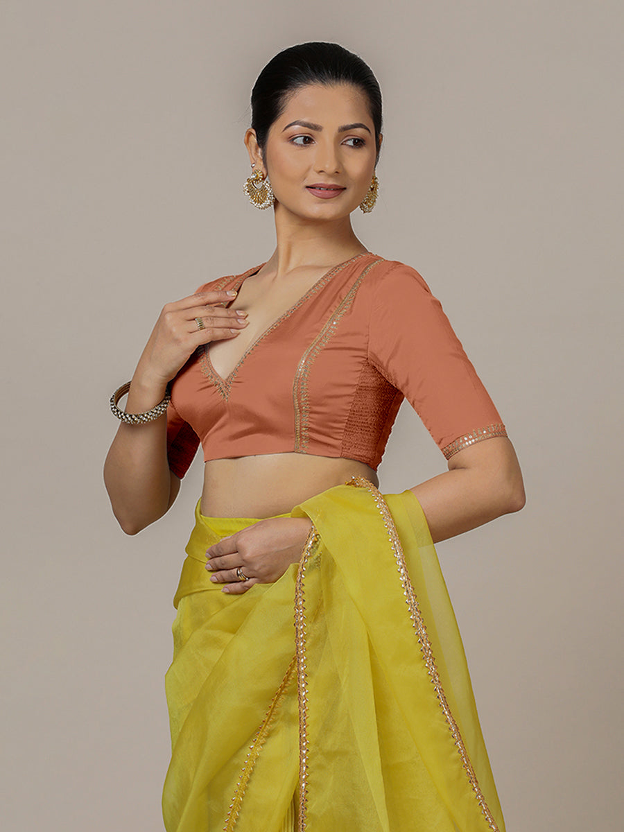Zohra x Luxe Saree Blouse, in Copper Vegan Silk, featuring elbow sleeves and v-neckline, made for party & festive (view 8).