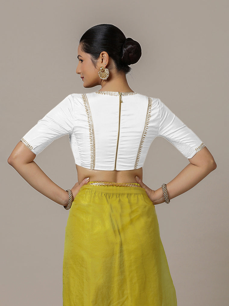 Zohra x Luxe Saree Blouse, in White Vegan Silk, featuring elbow sleeves and v-neckline, made for party & festive (view 2).