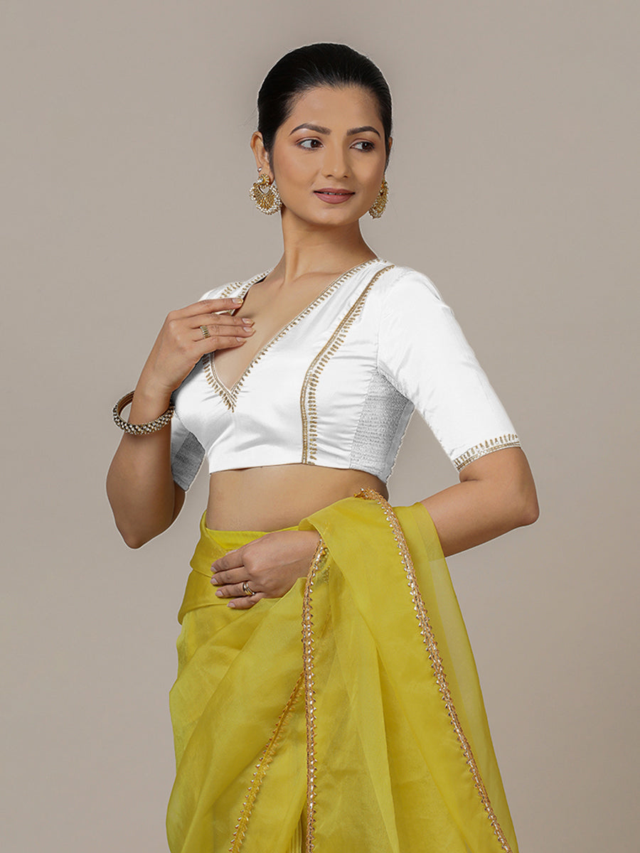 Zohra x Luxe Saree Blouse, in White Vegan Silk, featuring elbow sleeves and v-neckline, made for party & festive (view 8).