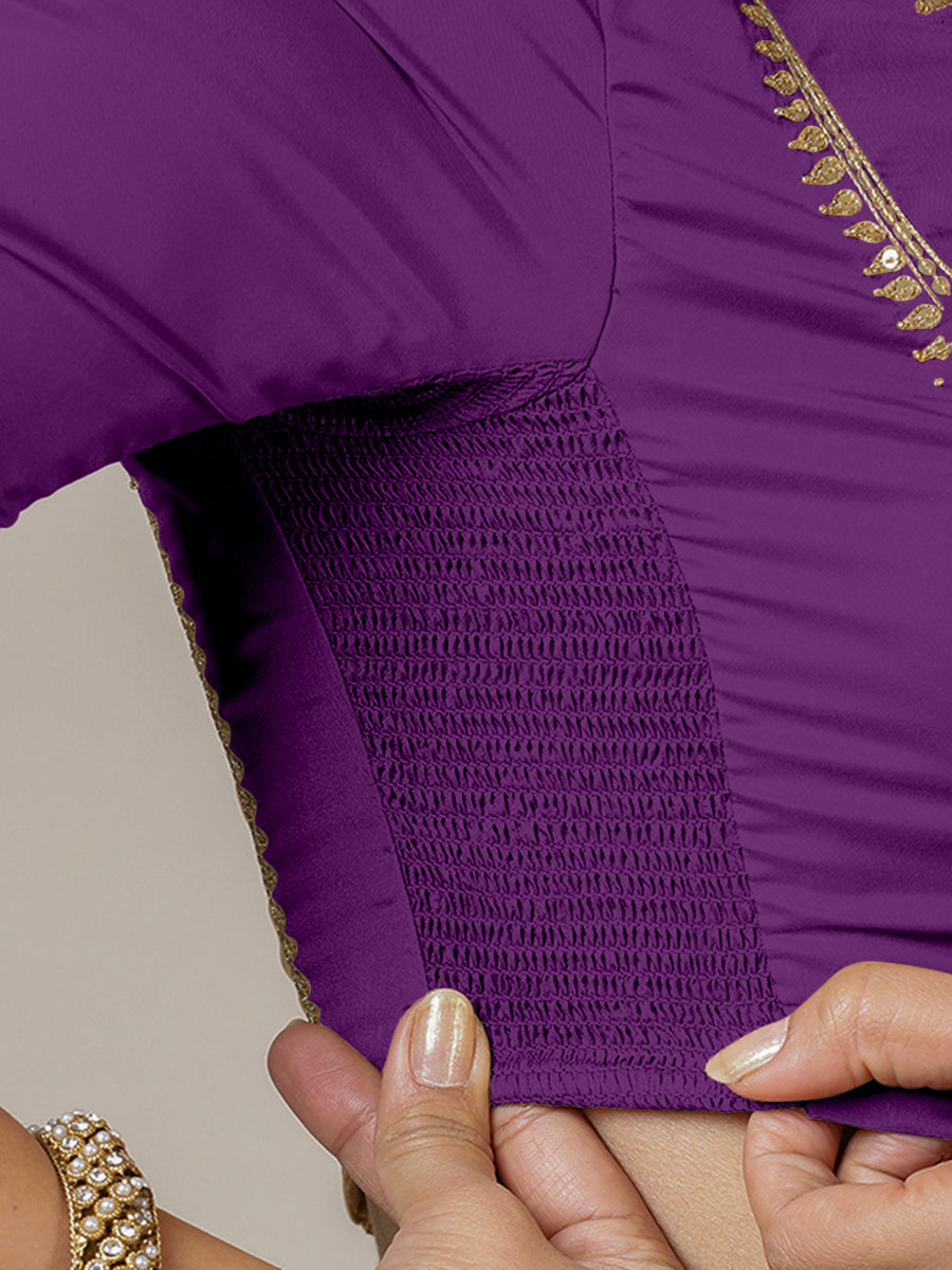 Zohra x Luxe Saree Blouse, in Purple Vegan Silk, featuring elbow sleeves and v-neckline, made for party & festive (view 3).