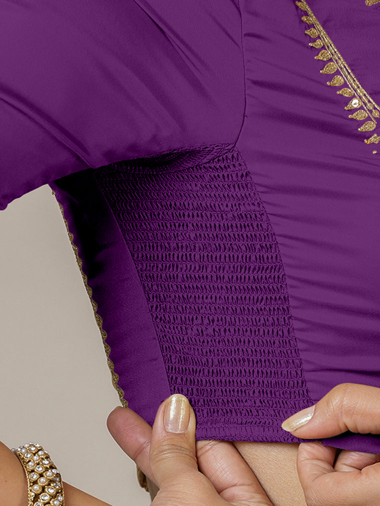 Zohra x Luxe Saree Blouse, in Purple Vegan Silk, featuring elbow sleeves and v-neckline, made for party & festive (view 3).