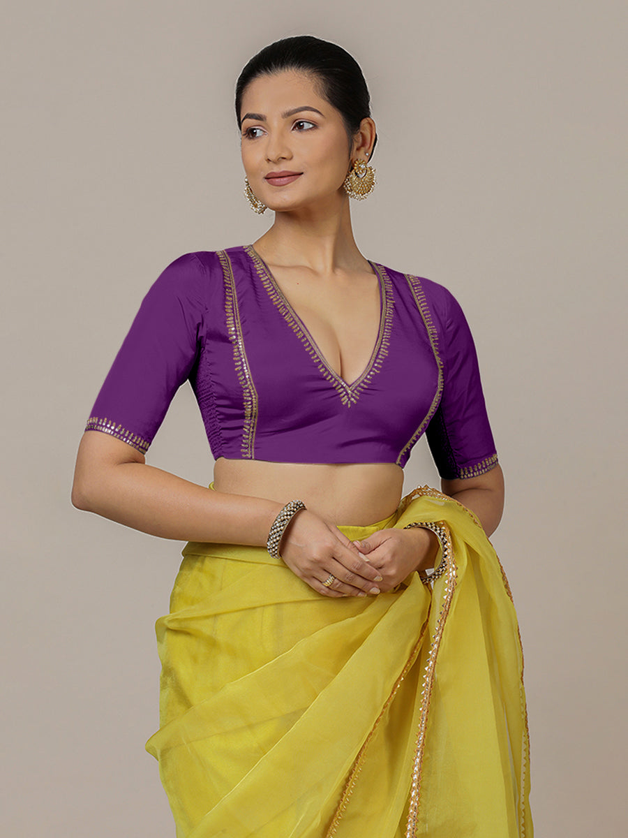 Zohra x Luxe Saree Blouse, in Purple Vegan Silk, featuring elbow sleeves and v-neckline, made for party & festive (view 6).