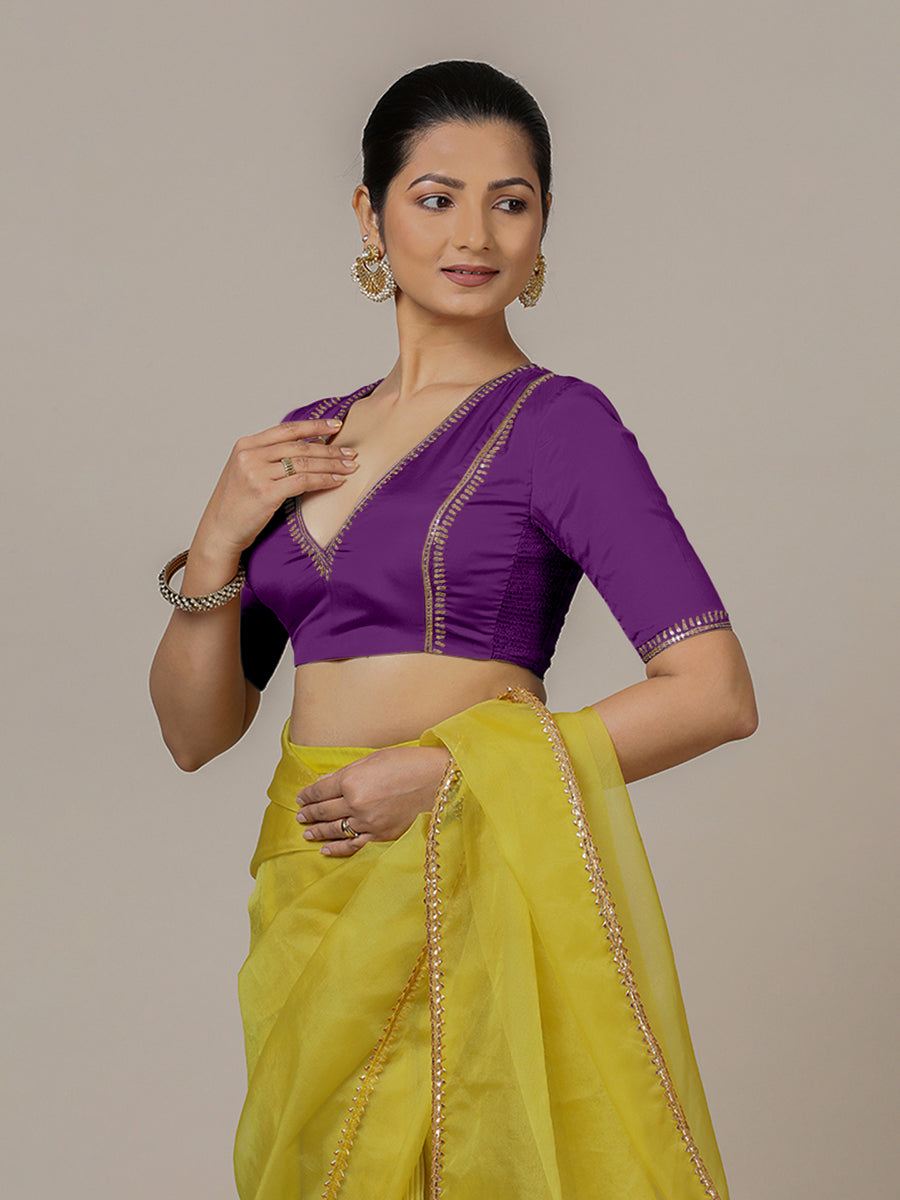 Zohra x Luxe Saree Blouse, in Purple Vegan Silk, featuring elbow sleeves and v-neckline, made for party & festive (view 8).