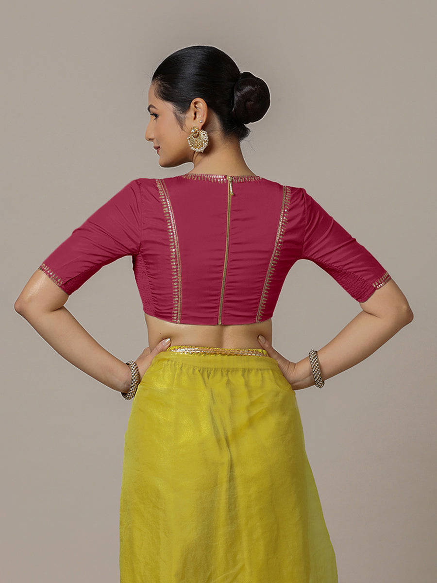 Zohra x Luxe Saree Blouse, in Pink Vegan Silk, featuring elbow sleeves and v-neckline, made for party & festive (view 2).