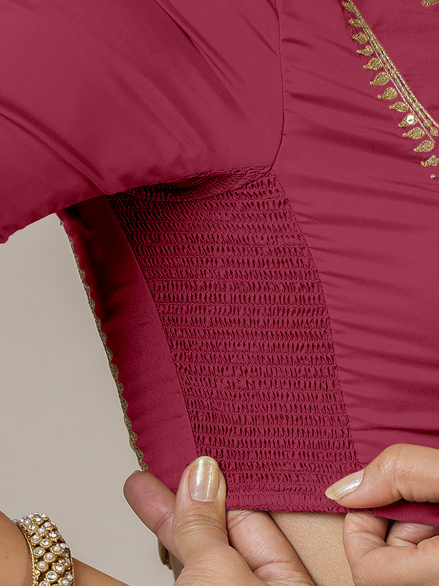 Zohra x Luxe Saree Blouse, in Pink Vegan Silk, featuring elbow sleeves and v-neckline, made for party & festive (view 3).