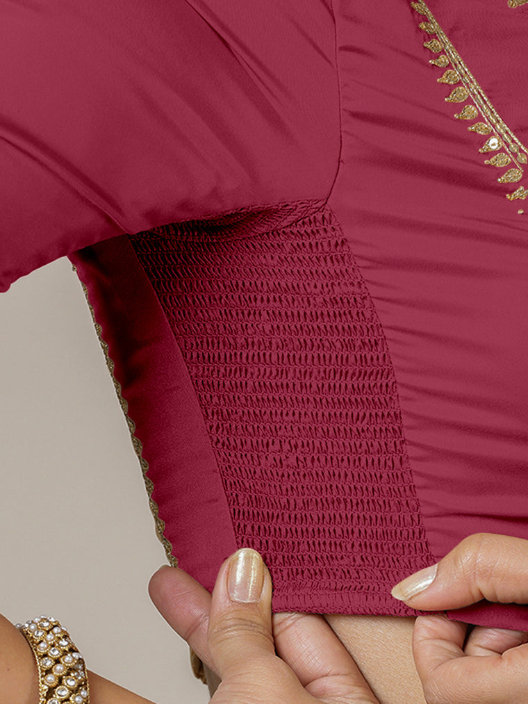 Zohra x Luxe Saree Blouse, in Pink Vegan Silk, featuring elbow sleeves and v-neckline, made for party & festive (view 3).