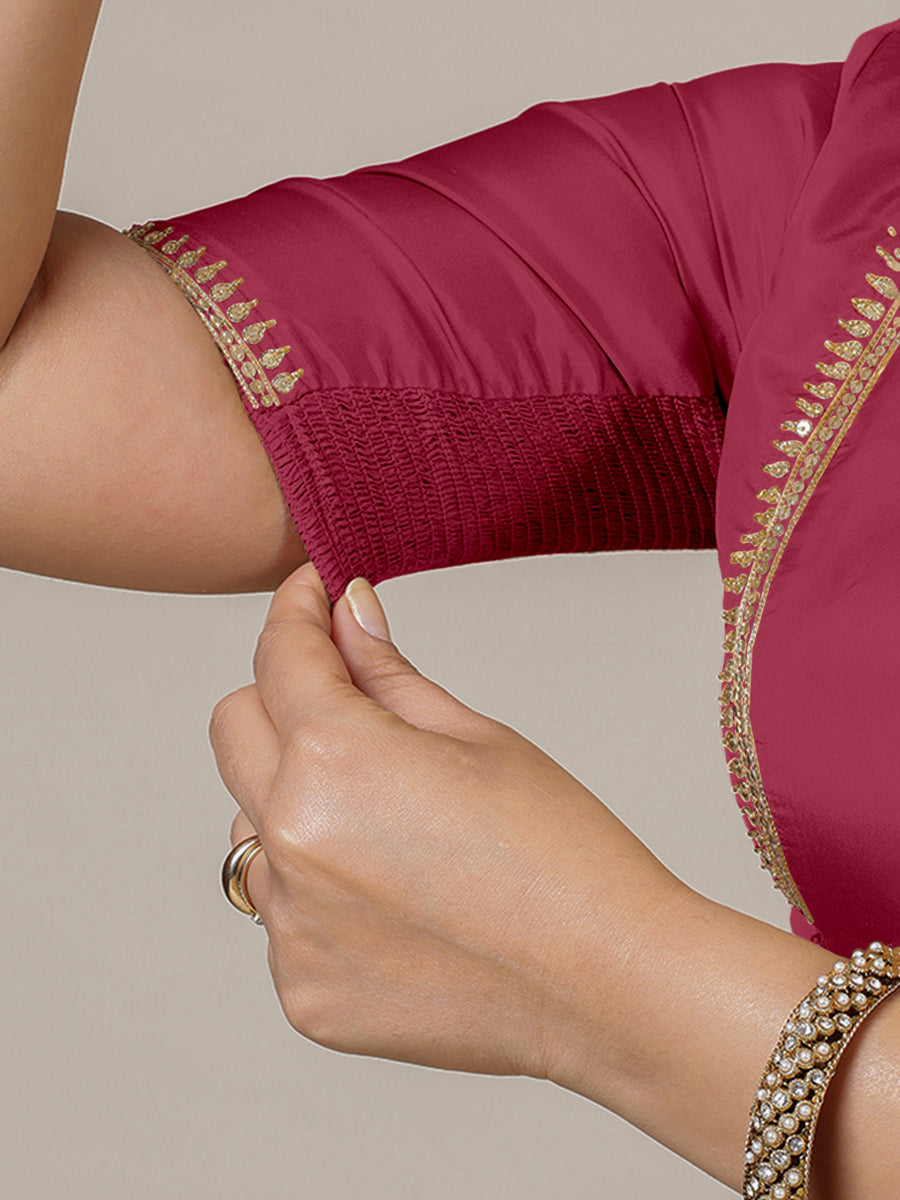 Zohra x Luxe Saree Blouse, in Pink Vegan Silk, featuring elbow sleeves and v-neckline, made for party & festive (view 4).