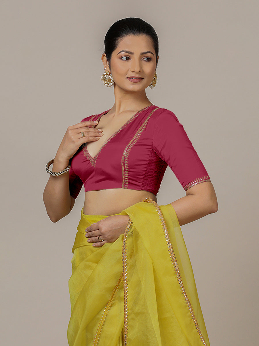 Zohra x Luxe Saree Blouse, in Pink Vegan Silk, featuring elbow sleeves and v-neckline, made for party & festive (view 8).