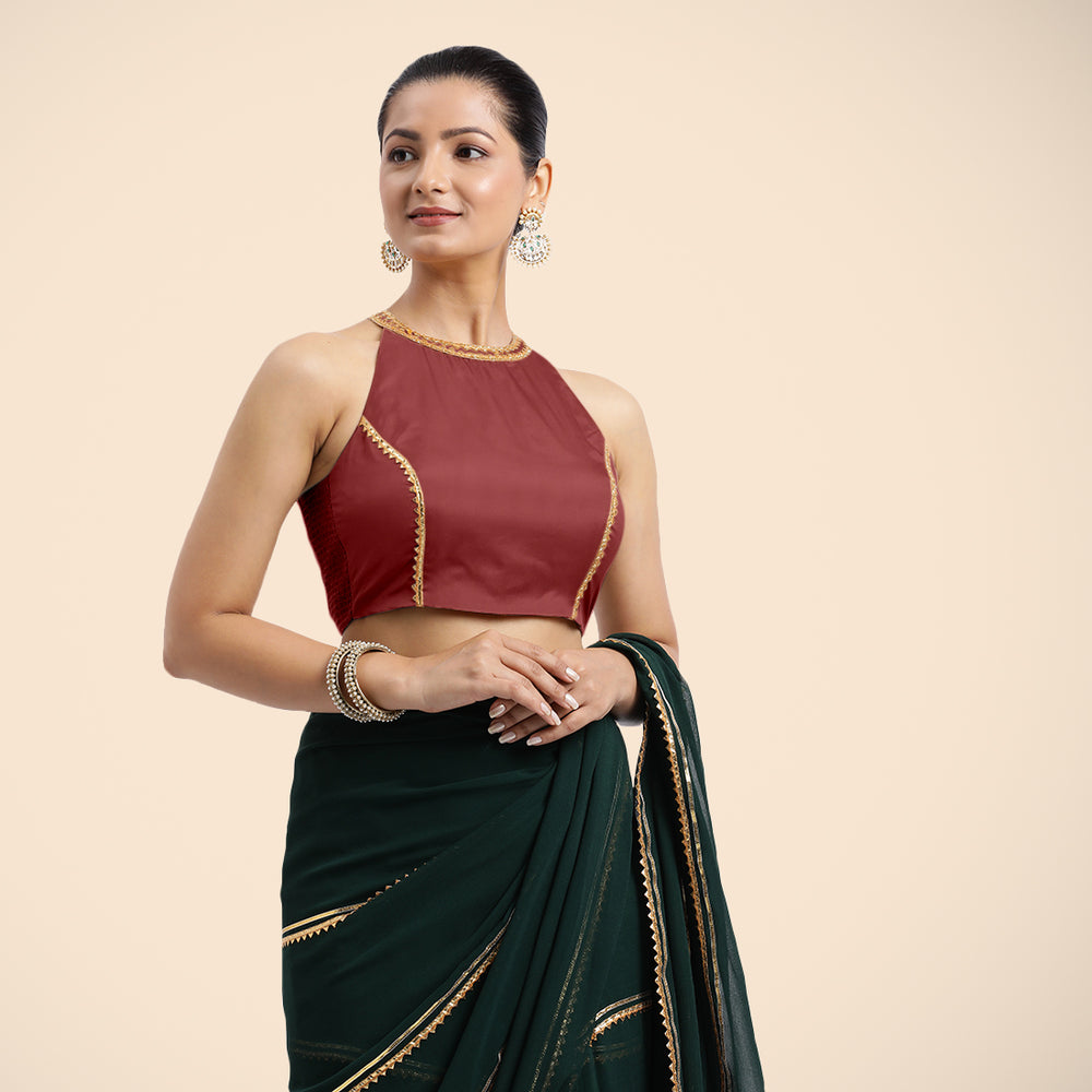 Zubeida x Tyohaar | Auburn Red Halterneck FlexiFit™ Saree Blouse with Elegant Golden Gota Embellishment on Princess Line
