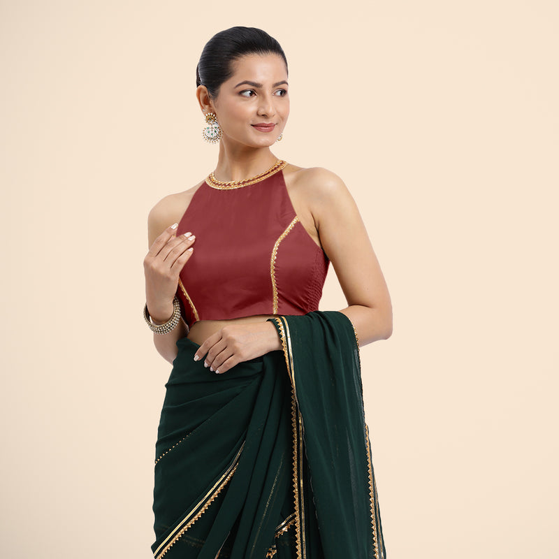 Zubeida x Tyohaar | Auburn Red Halterneck FlexiFit™ Saree Blouse with Elegant Golden Gota Embellishment on Princess Line-Binks