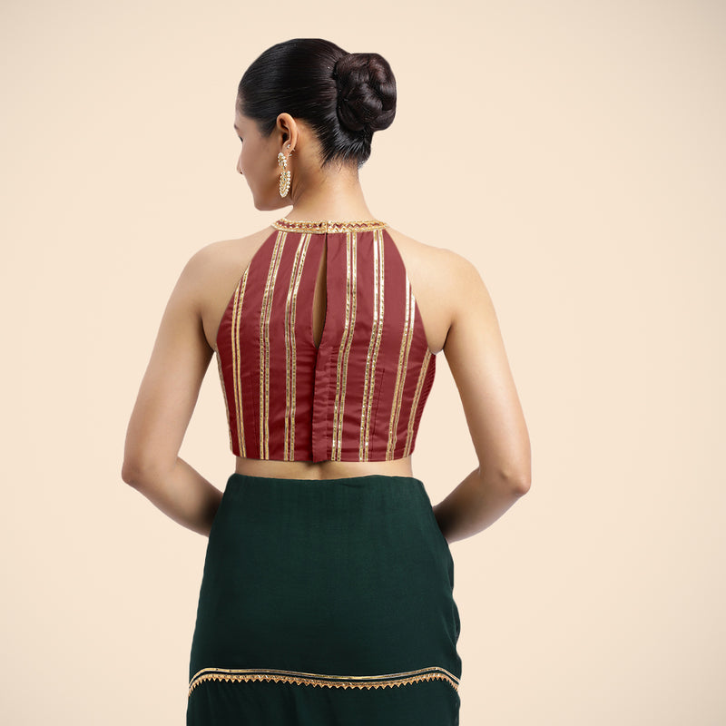 Zubeida x Tyohaar | Auburn Red Halterneck FlexiFit™ Saree Blouse with Elegant Golden Gota Embellishment on Princess Line-Binks