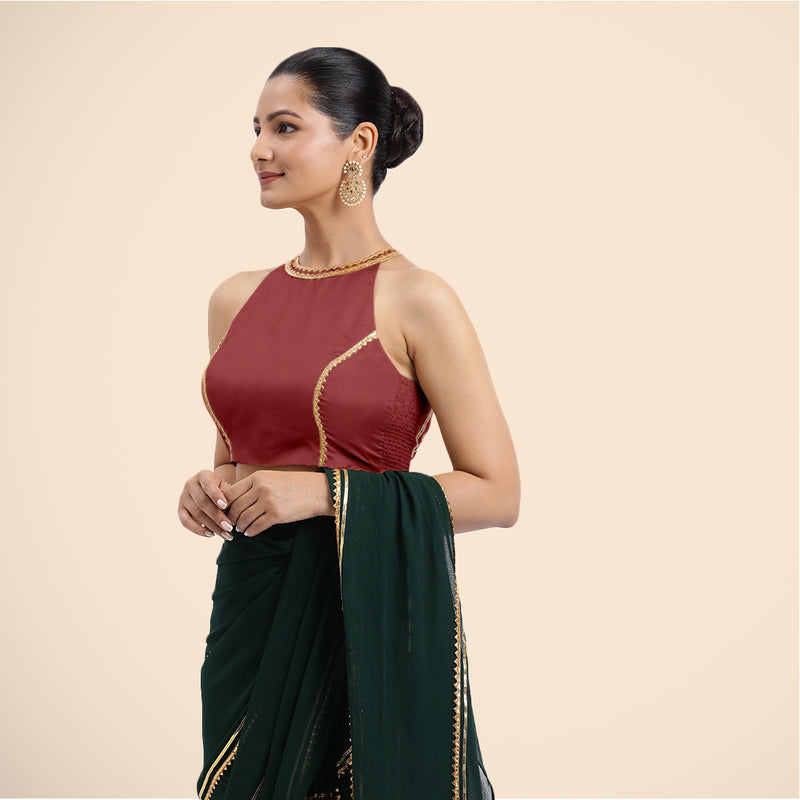 Zubeida x Tyohaar | Auburn Red Halterneck FlexiFit™ Saree Blouse with Elegant Golden Gota Embellishment on Princess Line-Binks