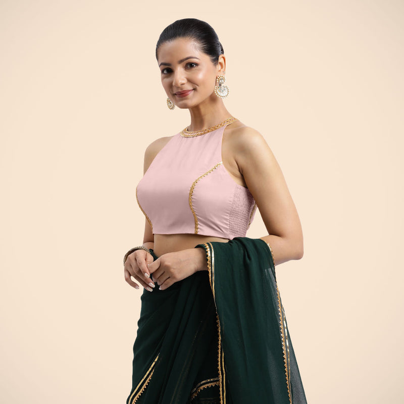 Zubeida x Tyohaar | Sleeveless Baby Pink FlexiFit™ Gota Embellished Saree Blouse with Halter Neck-Binks