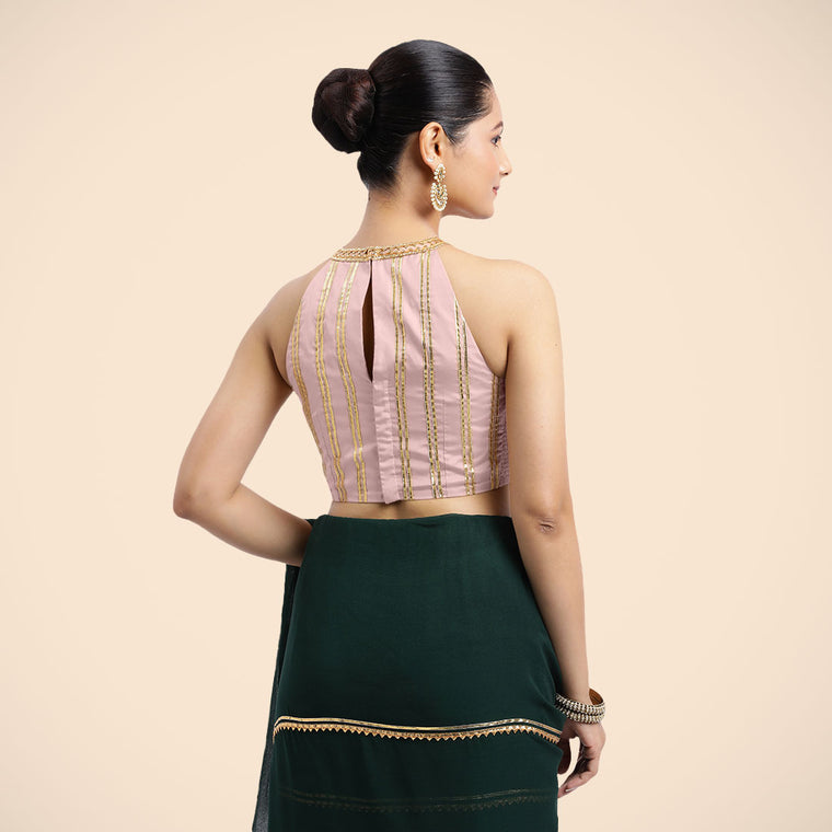 Zubeida x Tyohaar Saree Blouse, in Pink Vegan Silk, featuring sleeveless and halter neckline, made for party & festive (view 2).