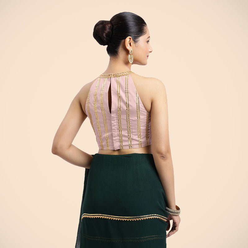Zubeida x Tyohaar | Sleeveless Baby Pink FlexiFit™ Gota Embellished Saree Blouse with Halter Neck-Binks