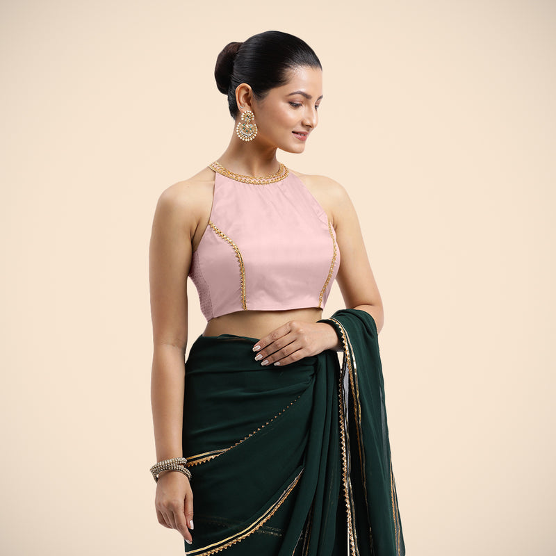 Zubeida x Tyohaar | Sleeveless Baby Pink FlexiFit™ Gota Embellished Saree Blouse with Halter Neck-Binks