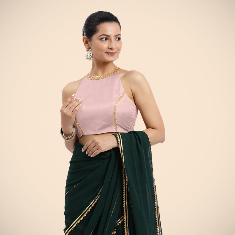 Zubeida x Tyohaar | Sleeveless Baby Pink FlexiFit™ Gota Embellished Saree Blouse with Halter Neck-Binks