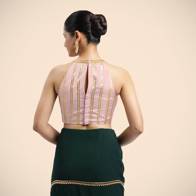Zubeida x Tyohaar | Sleeveless Baby Pink FlexiFit™ Gota Embellished Saree Blouse with Halter Neck-Binks