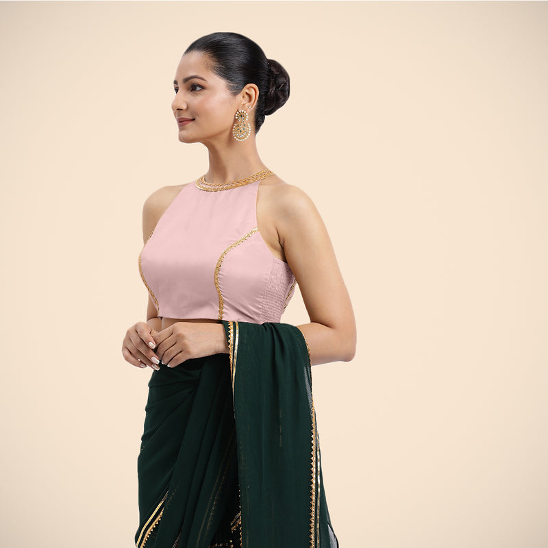 Zubeida x Tyohaar | Sleeveless Baby Pink FlexiFit™ Gota Embellished Saree Blouse with Halter Neck-Binks