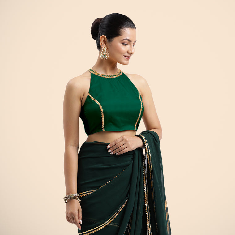 Zubeida x Tyohaar Saree Blouse, in Green Vegan Silk, featuring sleeveless and halter neckline, made for party & festive.