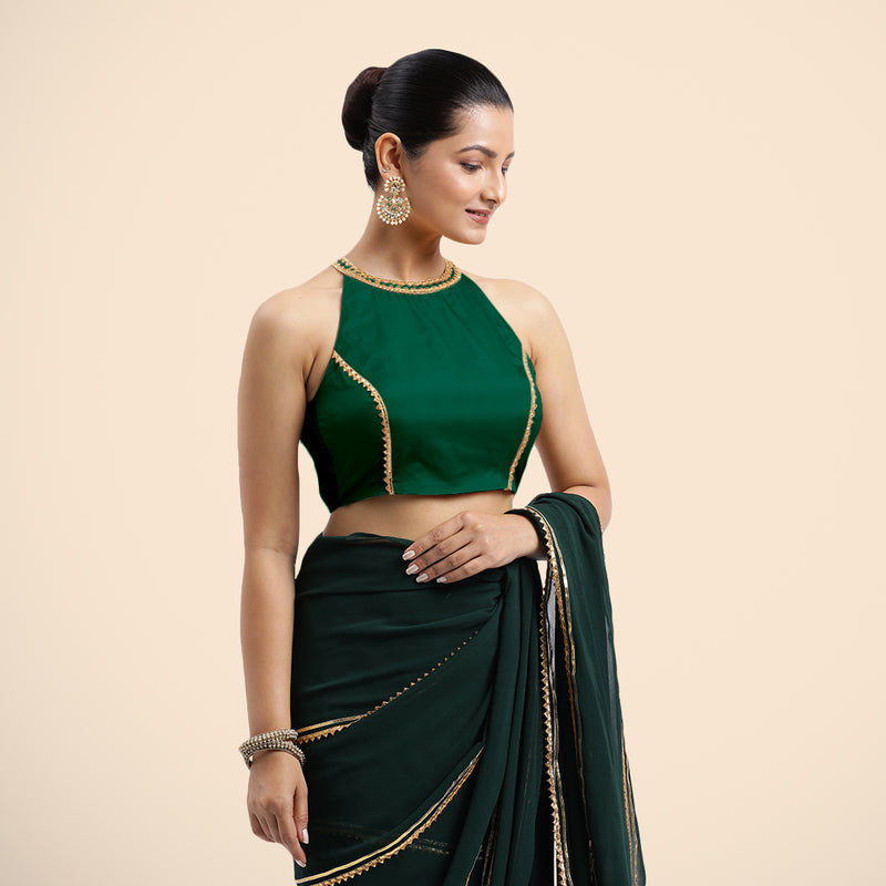 Zubeida x Tyohaar | Bottle Green Halterneck FlexiFit™ Saree Blouse with Elegant Golden Gota Embellishment on Princess Line-Binks
