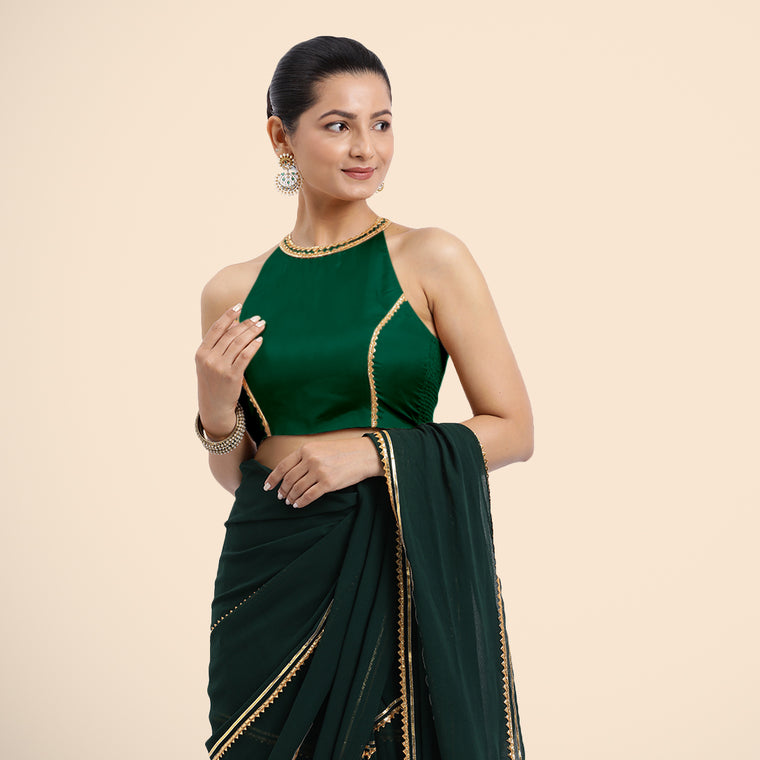 Zubeida x Tyohaar Saree Blouse, in Green Vegan Silk, featuring sleeveless and halter neckline, made for party & festive.