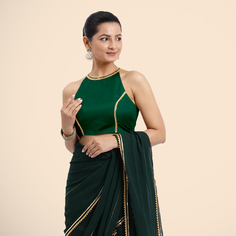 Zubeida x Tyohaar | Bottle Green Halterneck FlexiFit™ Saree Blouse with Elegant Golden Gota Embellishment on Princess Line-Binks