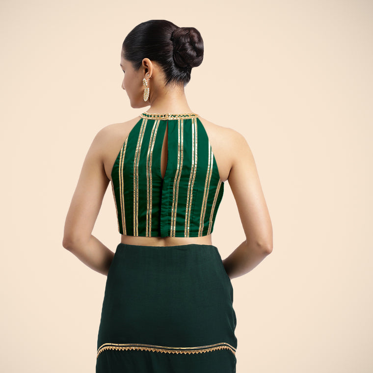 Zubeida x Tyohaar Saree Blouse, in Green Vegan Silk, featuring sleeveless and halter neckline, made for party & festive.